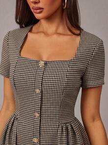 Radiana Women's Summer Elegant Preppy Houndstooth Front Button Waist-Cinched Mini Dress Back-To-School Office Brunch Black And White - Brown - View 6