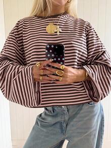 SHEIN EZwear Overseas Long Sleeve Strawberry Chocolate Striped Top, Autumn Top, Suitable For Daily Commute, Gathering, Autumn/Winter/Spring/Summer, Christmas, New Year, Thanksgiving, Party, Wedding, Beach, Graduation Ceremony, Elegant, Outing, Dating, Commute, Valentine's Day, Elegant, Vacation, Y2K, Graduation Ceremony And Other Occasions - Multicolor - View 2
