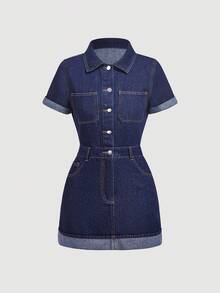 Sweetra Casual Denim Dress For Women - Blue - View 1