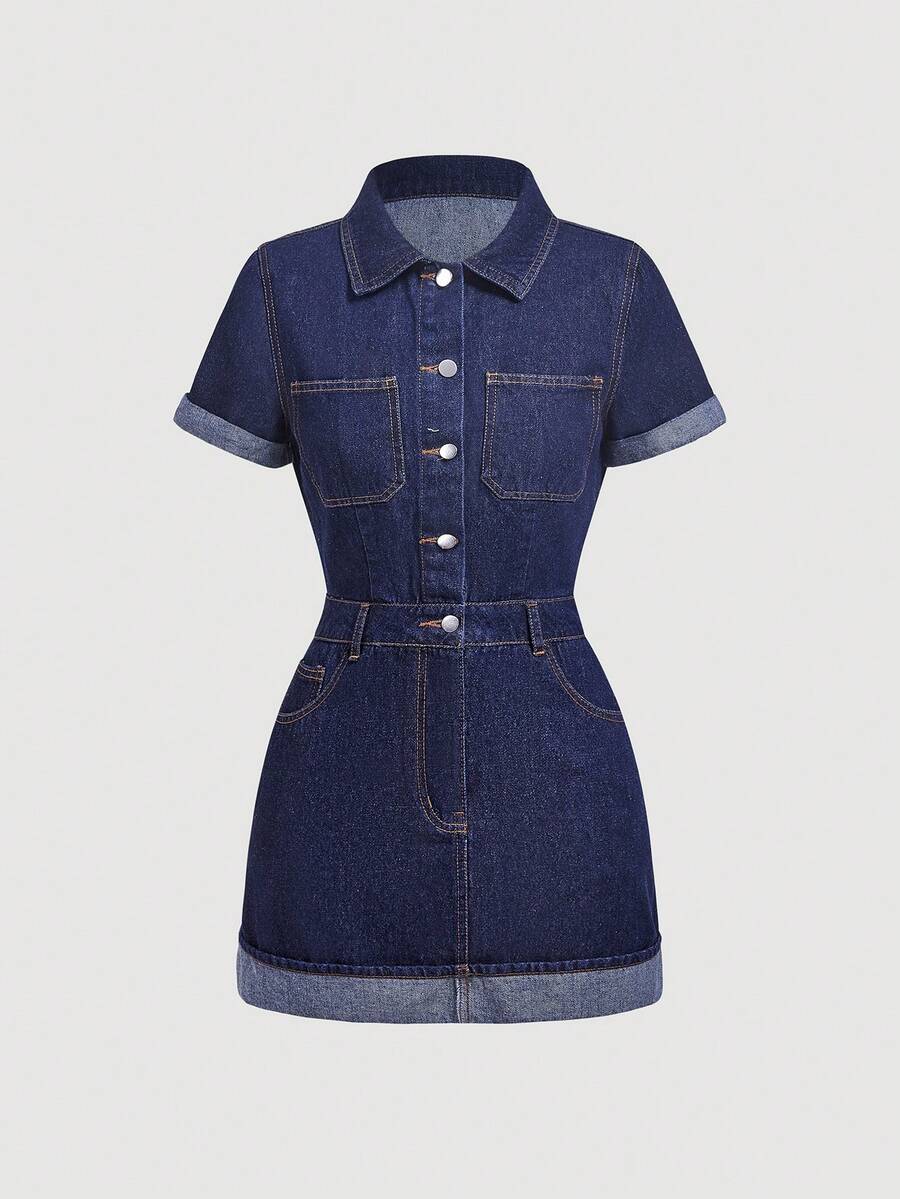 Sweetra Casual Denim Dress For Women - Blue - View 1