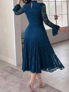 Feyla Plus Size Women's Elegant Lace Dress With Stand Collar, Flared Sleeves And Cutout Design - Teal Blue - View 6