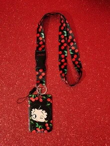 Betty Boop x SHEIN Red Black Cherry Multifunctional Combo Keychain Badge Holder Detachable Neck Lanyard , Cute Cartoon Card Cover Keychain, Bag Pendant - red and black - View 4