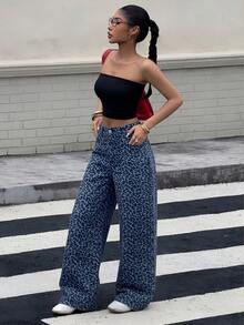 DAZY 春夏度假穿搭女款藍色棉質豹紋寬鬆休閒牛仔長褲 - 藍色 - 查看 3