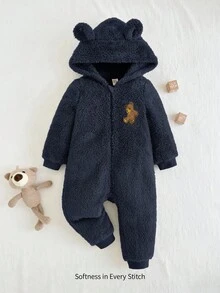 Cozy Pixies Baby Boy Cartoon Bear Pattern 3D Ears Hooded Thermal Lined Medium-Thick One-Piece Long Winter Pants - Multicolor - View 6