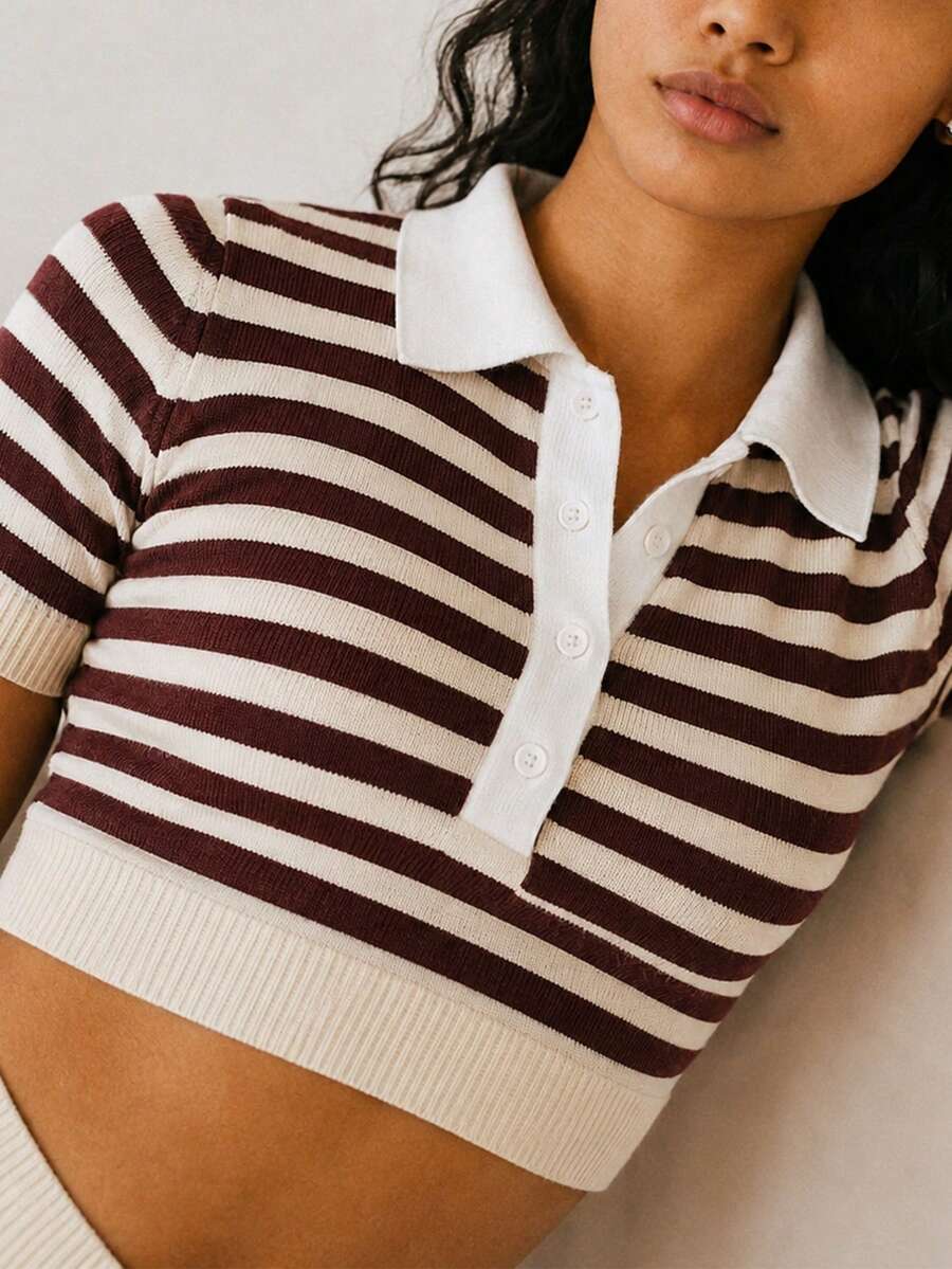 Zerodot 女款黃棕色針織條紋 Polo 上衣 休閒日常 秋季返校穿搭 - 杏色 - 查看 1