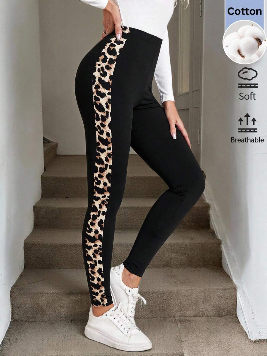 Easowa Legging Patchwork Motif Leopard untuk Wanita, Pakaian Kasual Musim Gugur/Dingin, Pakaian Sehari-hari untuk Berpergian, dan Bergaya Dasar.
