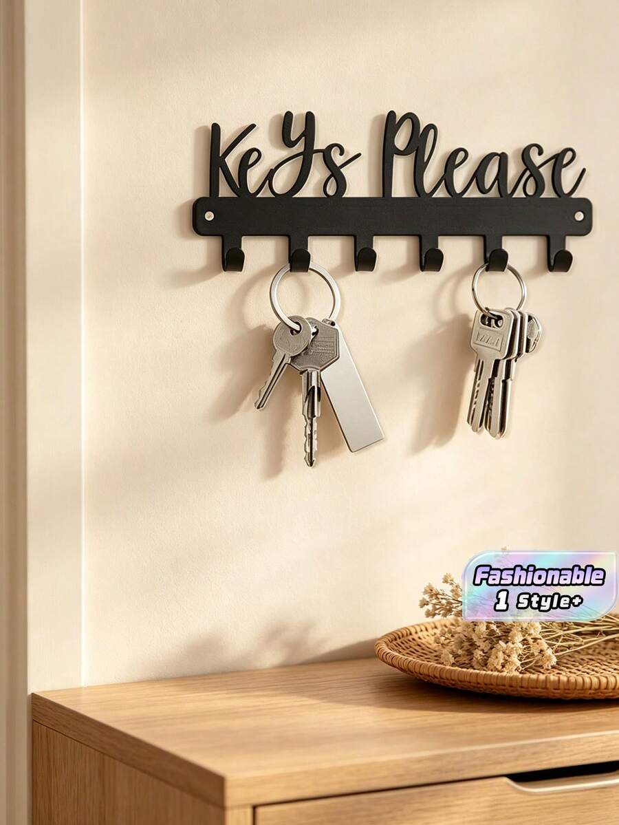1 Fashionable Key Wall Rack, Black Metal Decorative Key Holder, Wall Mounted Storage Organizer, Metal Art Decor Hook, Easy Install Space Saving Key Rack For Coats Hats Keys Small Items - Black - View 1