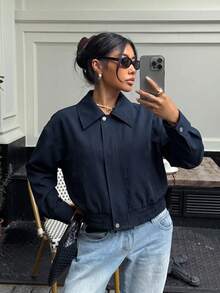 Muchica Women's Solid Color Casual Versatile Daily Long Sleeve Jacket - Navy Blue - View 5