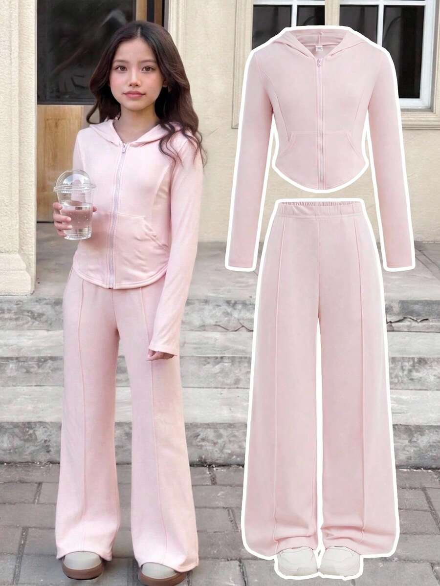 SHEIN Tween女孩 2件組純色粉色抽繩連帽上衣與寬腿長褲套裝,休閒春/秋季 - 粉色 - 查看 1
