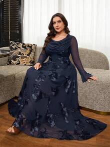 Reflora Plus Size Elegant Party Floral Embroidered Dress - Navy Blue - View 6