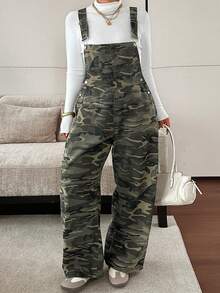 Dazy Plus Camouflage Print Pocket Casual Streetwear Sweet Cool Loose Fit Long Denim Overalls Plus Size Women Spring Summer - Army Green - View 9