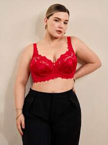 Hourtrue Plus Size Women Fashion Lace Patchwork Underwire Bra - Red - View 6