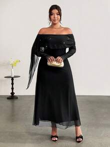 Firerie Plus Size Cold Shoulder Black Mesh Sequin Patchwork Cinched Waist Flared Mermaid Maxi Dress/Party Cocktail Formal Autumn Elegant Fall - Black - View 5