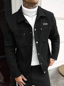 Manfinity Homme 男士純色休閒長袖大衣，適合秋冬穿著 - 黑色 - 查看 1