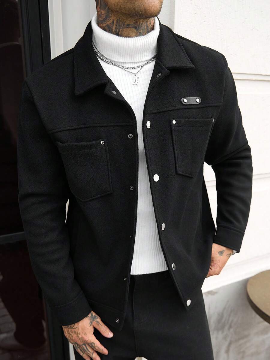 Manfinity Homme 男士純色休閒長袖大衣,適合秋冬穿著 - 黑色 - 查看 1