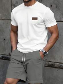 Manfinity Homme 男士皮革拼接裝飾休閒修身 T 恤套裝 - 彩色 - 查看 1