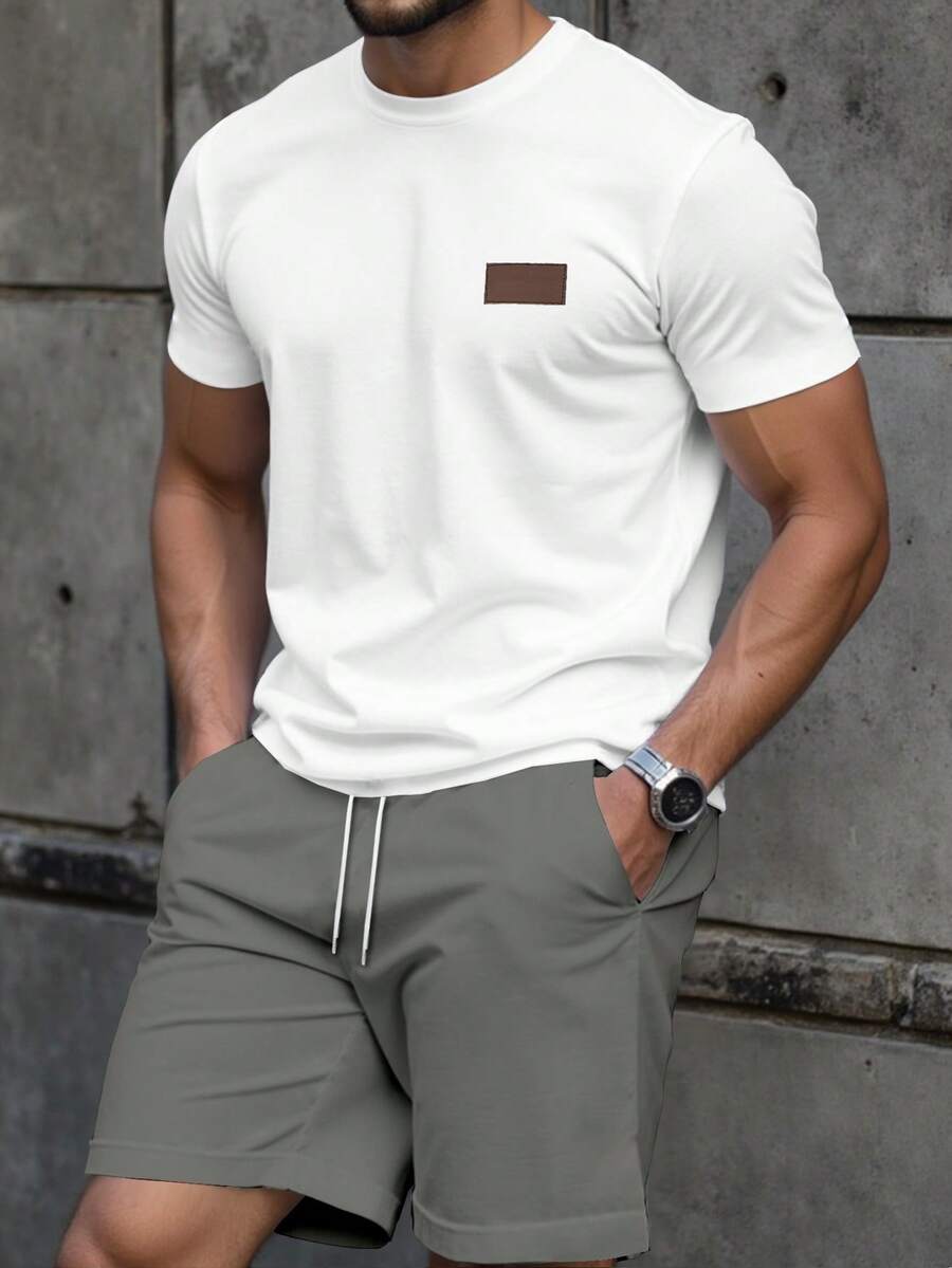 Manfinity Homme 男士皮革拼接裝飾休閒修身 T 恤套裝 - 彩色 - 查看 1