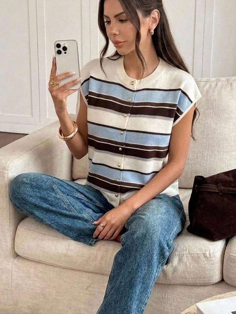 Feyla 女款條紋拼色圓領無袖開襟衫 - 彩色 - 查看 1