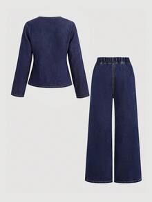 SHEIN Firerie Kids Girls' Dark Blue Denim Loose Jacket & Pants 2-Piece Set - Blue - View 5