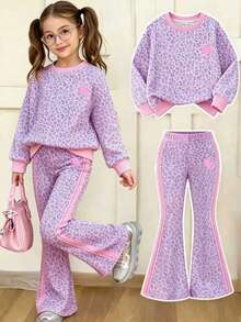 Young Girls 2-Piece Set, Fashionable Minimalist Macaron Color Scheme, Horse & Leopard Print Long Sleeve Fleece Sweatshirt Top, Leopard Print Contrast Stripe Flare Pants, Soft Outfit Suitable For Outings In Autumn/Winter - Multicolor - View 1