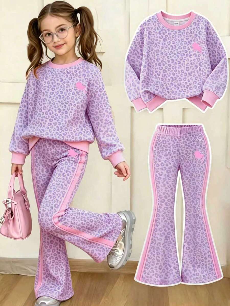 Young Girls 2-Piece Set, Fashionable Minimalist Macaron Color Scheme, Horse & Leopard Print Long Sleeve Fleece Sweatshirt Top, Leopard Print Contrast Stripe Flare Pants, Soft Outfit Suitable For Outings In Autumn/Winter - Multicolor - View 1