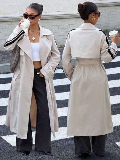 Muchica Khaki Trench Coat With Black Stripe Trim Elegant Casual Winter Vacation Outerwear Long Double-Breasted Jacket Business Basic Stylish Layer For Women