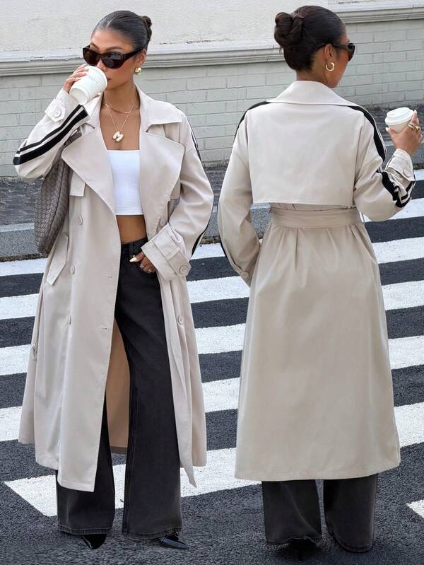 Muchica Khaki Trench Coat With Black Stripe Trim Elegant Casual Winter Vacation Outerwear Long Double-Breasted Jacket Business Basic Stylish Layer For Women