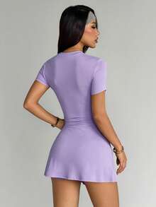 Dewbera Dewbera Women's Short Sleeve Round Neck Fitted Ruched Black & White Sports Dress With Shorts And Phone Pocket - Mauve Purple - View 3
