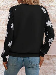 SHEIN LUNE Women's Versatile Floral Print Raglan Long Sleeve Sweatshirt - Black - View 2