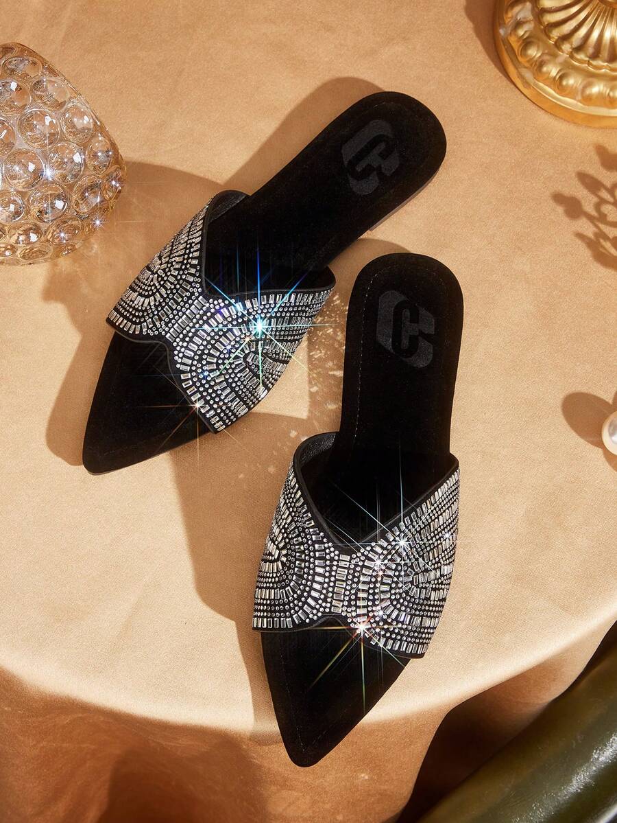 CUCCOO TILAWA New Outdoor Women's Flat Sandals, Black Slippers With Pointed Design And Colorful Sequins, Soft And Comfortable Soles, Suitable For Casual Gatherings - Black (White Diamond) - View 1