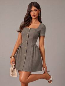 Radiana Women's Summer Elegant Preppy Houndstooth Front Button Waist-Cinched Mini Dress Back-To-School Office Brunch Black And White - Brown - View 1
