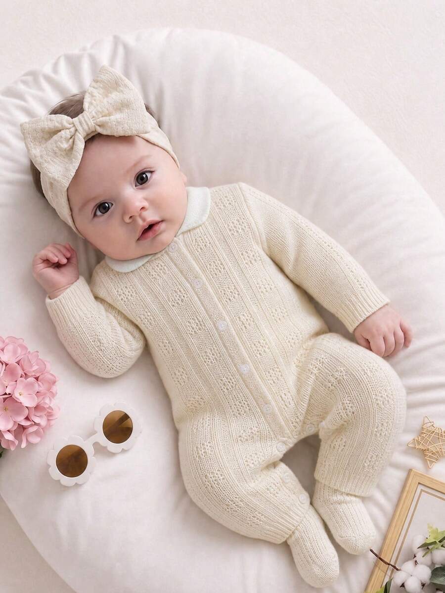 SHEIN 新生兒藍色彼得潘領毛衣連身衣，紳士翻領包腳連身褲，休閒極簡連身褲