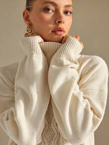 CLARA VERO Turtleneck Split Hem Cable Sweater, Loose Fit, Daily Or Cozy, Chunky Cable Knit, High Neck - White - View 5