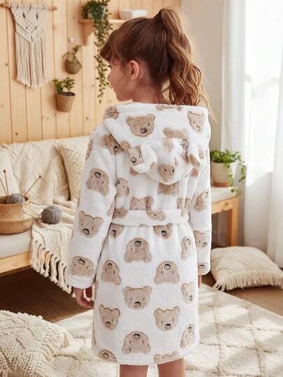 SHEIN Young Girl Knitted Embroidered Plush Casual Hooded Cardigan Loungewear For Young Girl