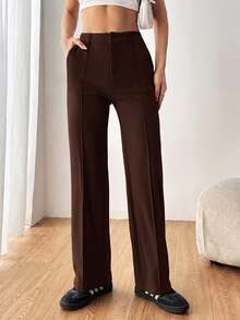 SHEIN EZwear 女款純色直筒西裝長褲 秋冬款 - 棕色 - 查看 4