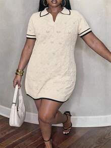 Slaydiva Plus Size Contrast Trim Short Sleeve Knit Dress Fall - Apricot - View 2