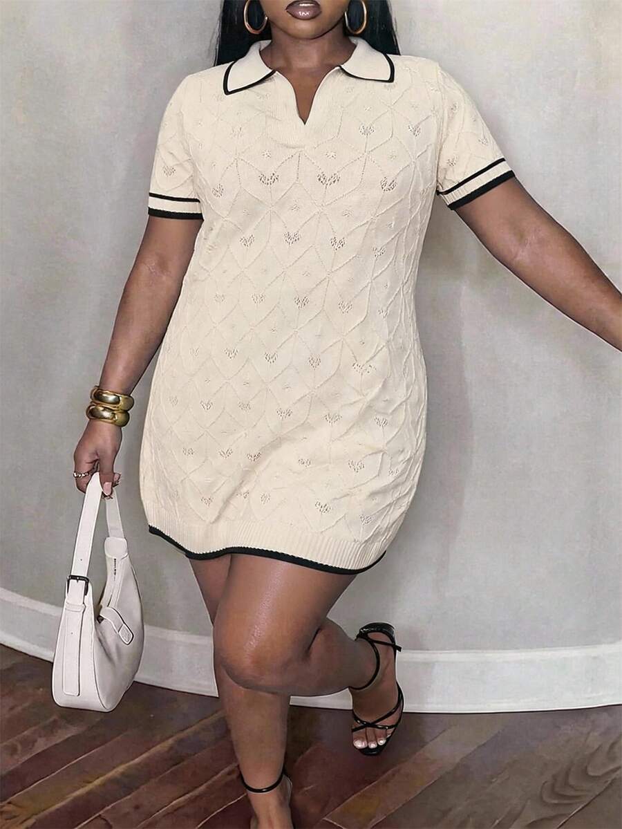Slaydiva Plus Size Contrast Trim Short Sleeve Knit Dress Fall