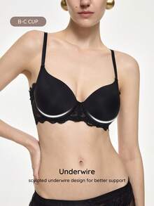 Bralution Women's Solid Color Lace Patchwork Underwire Bra - Black - View 8