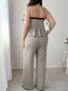 Dazy Plus Plus Size Contrast Color Ruffle Hem Bandeau Top And Wide Leg Pants Sweet 2 Pieces Set Lounge Sets For Women Vacation - Grey - View 2