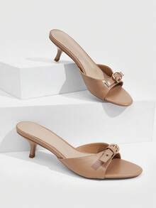 CUCCOO SZL 5.5CM 小貓跟金屬扣女款高跟涼鞋，杏色，適合通勤、派對、約會、外出，時尚款 - 杏色 - 查看 1