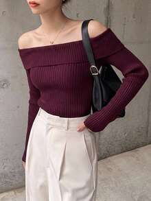 DAZY 女款純色露肩修身長袖針織衫 - 酒紅色 - 查看 5