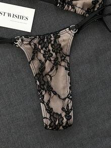 Bonvoyette 女款海灘蕾絲掛脖綁帶性感比基尼兩件式泳衣套裝 - 黑色 - 查看 8