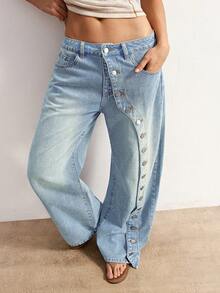 Bohemela Celana Jeans Denim Kasual Wanita dengan Kancing Depan - Light Wash - View 2
