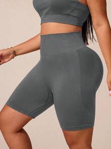Rhythm Era Celana Pendek Olahraga Wanita Ukuran Besar Warna Polos Pinggang Tinggi - Grey - View 3