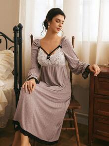 Côtesoire Women's Lace Patchwork Pleated Casual Daily Home Sleep Dress - Pink - View 5