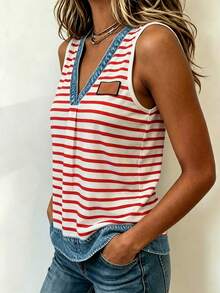EMERY ROSE Top casual versátil para mujer con estampado de efecto denim a rayas - Multicolor - Ver 3