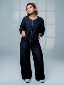 SARA VAULT Women's Round Neck Elastic Waist Jacket Top And Loose Wide Leg Pants 2 Pieces Set, Casual - Blue - View 5