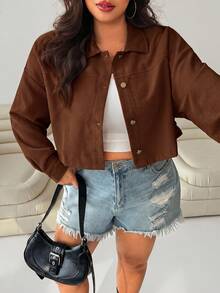 SHEIN EZwear 女款大尺碼純色休閒百搭日常長袖夾克 - 棕色 - 查看 4
