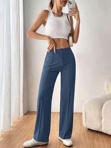 SHEIN EZwear Women's Solid Straight Suit Pants In Fall/Winter - Dusty Blue - View 6
