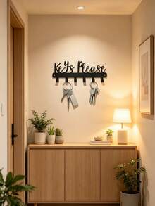 1 Fashionable Key Wall Rack, Black Metal Decorative Key Holder, Wall Mounted Storage Organizer, Metal Art Decor Hook, Easy Install Space Saving Key Rack For Coats Hats Keys Small Items - Black - View 3